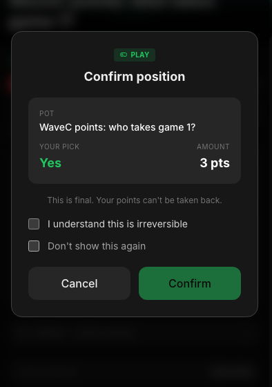 The points position confirm modal showing PLAY and the number of points being committed.