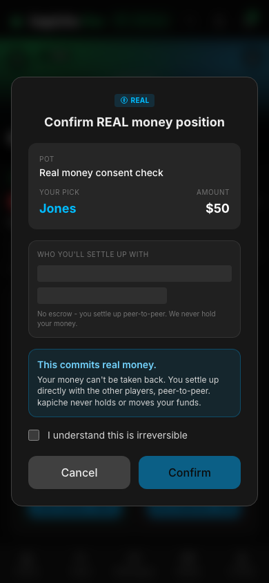 The real-money confirm modal reading Confirm REAL money position, peer-to-peer, no escrow.