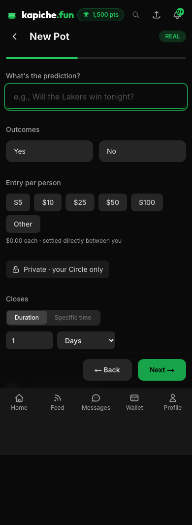 The create-a-pot wizard in the real-money lane: a REAL badge, USDC stake presets, a referee picker, and a Private to your Circle only note.