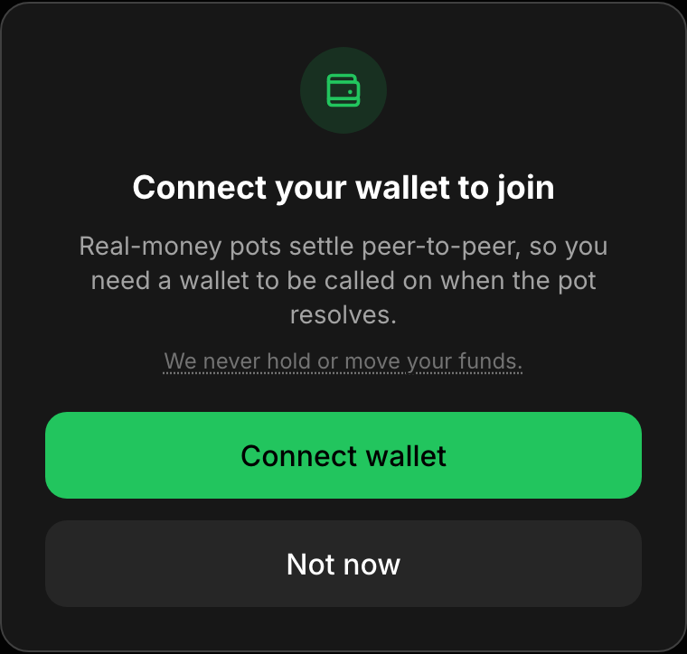A Connect your wallet to join modal explaining real-money pots settle peer-to-peer, with a Connect wallet button and a we never hold your funds note.