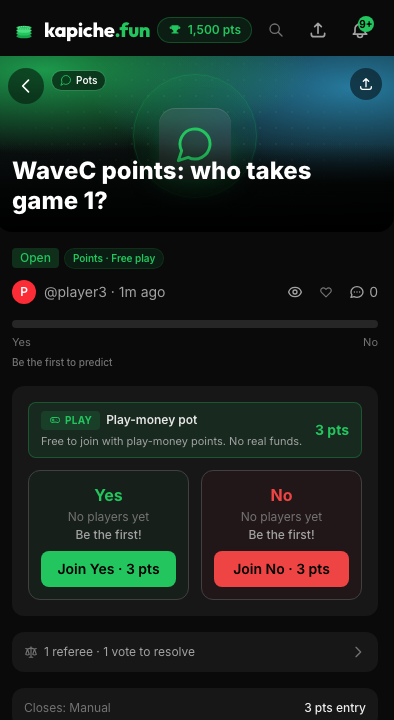 A points pot detail with a green PLAY banner and buttons to join Yes or No in points.