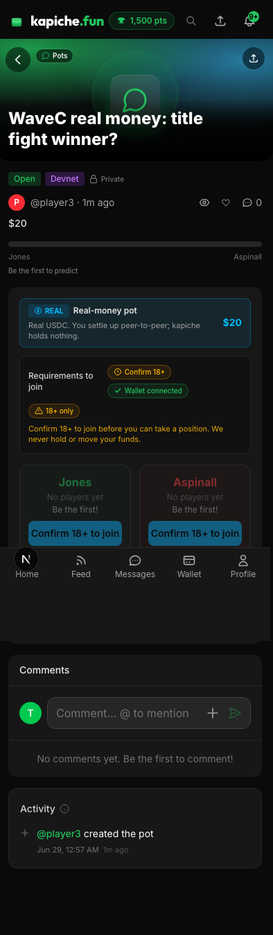 A real-money pot detail with a sky REAL banner, a settle up peer-to-peer note, and 18+ and wallet requirements.